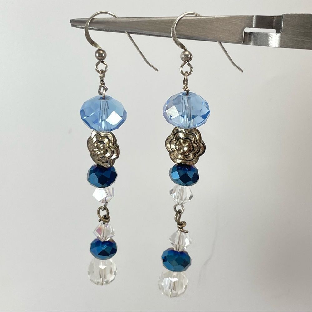 925 Sterling Silver Blue Crystal Glass Beaded Dangle Earrings Chandelier Elegant
